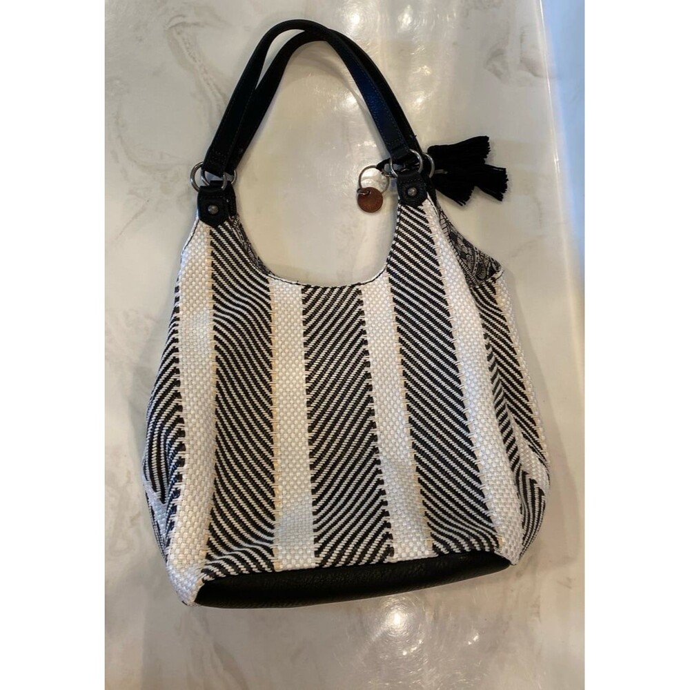 Sakroots Roma Woven Straw Shoulder Hobo Bag  Black White Stripe Boho Expandable - Picture 4 of 12